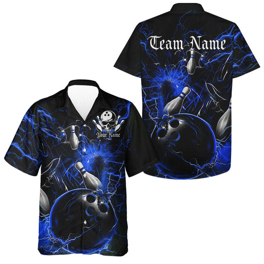 Black And Blue Thunder Lightning Custom Bowling Hawaiian Shirts For Men, Bowling Team Uniform IPHW7262