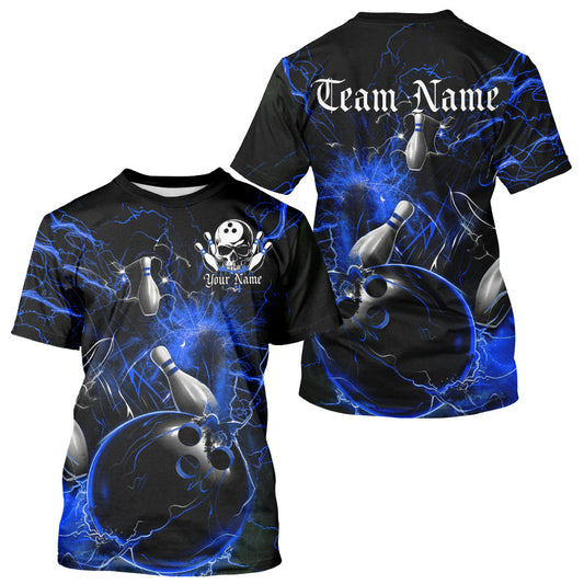 Black And Blue Thunder Lightning Custom Bowling T-Shirts For Men, Bowling Team Uniform IPHW7262