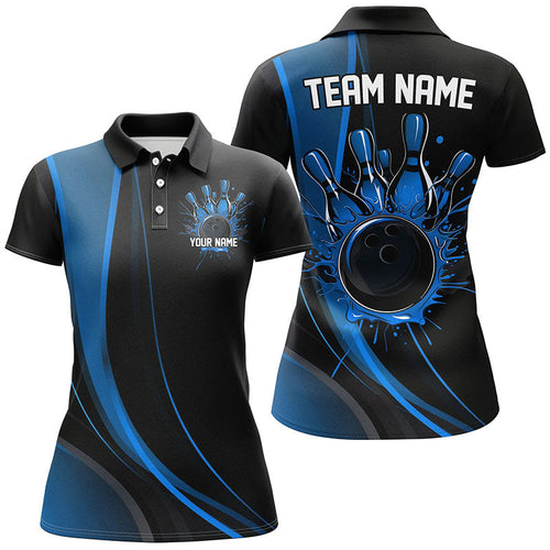 Custom Black And Blue Ladies Bowling Shirts, Classic Bowling Uniform Bowling League Shirts IPHW7268
