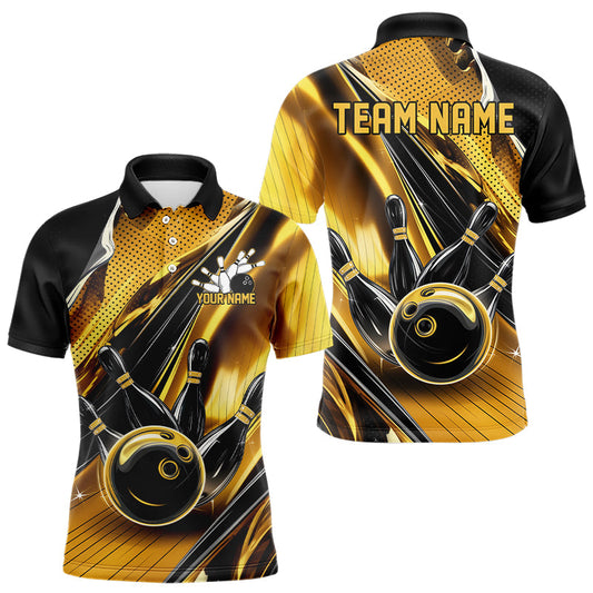 Custom Black And Gold Bowling Jerseys For Men, Bowling Team Polo Shirts With Name IPHW8016