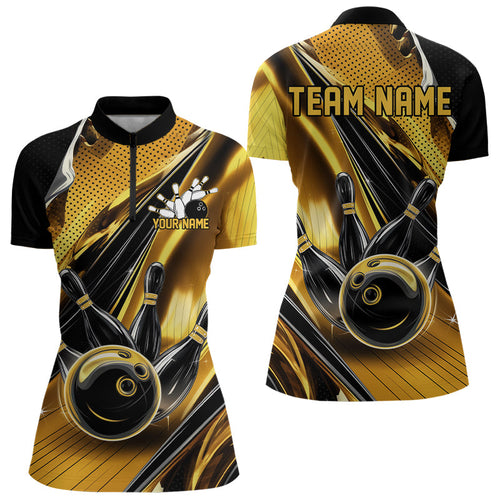 Custom Black And Gold Bowling Jerseys For Women, Bowling Team Quarter-Zip Shirts With Name IPHW8016