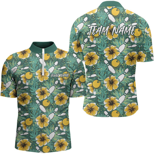 Custom Hibicus Floral Bowling Quarter-Zip Shirts For Men, Flower Bowling Team Shirts IPHW8021