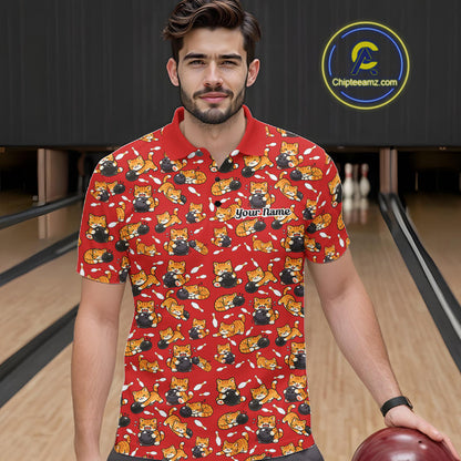 Custom Cute Ginger Tabby Cat Bowling Men Polo Shirts, Cat Bowling Team Shirt IPHW10305