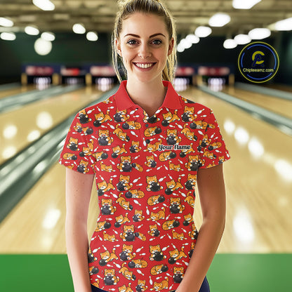 Custom Cute Ginger Tabby Cat Bowling Women Polo Shirts, Cat Bowling Team Shirt IPHW10305
