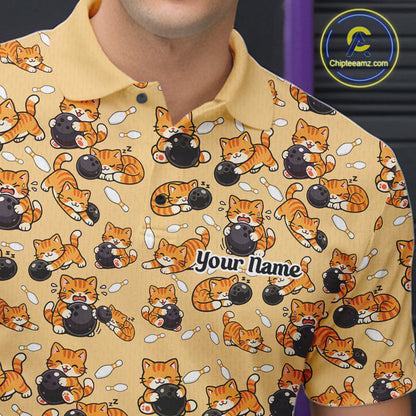 Custom Cute Ginger Tabby Cat Bowling Men Polo Shirts, Cat Bowling Team Shirt IPHW10306