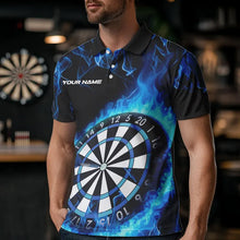 Load image into Gallery viewer, Custom Black And Blue Fire Flame Dartboard Dart Polo Shirts For Men, Dart Tournament Shirt IPHW8493