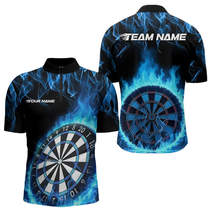 Custom Black And Blue Fire Flame Dartboard Dart Quarter-Zip Shirts For Men, Dart Tournament Shirt IPHW8493