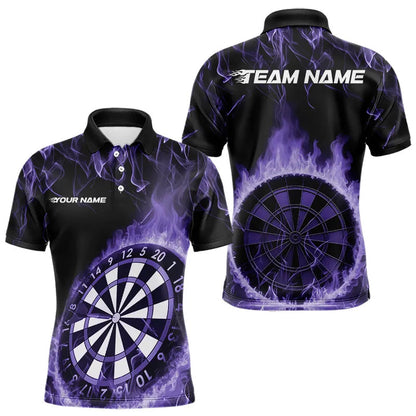 Custom Black And Purple Fire Flame Dartboard Dart Polo Shirts For Men, Dart Tournament Shirt IPHW8495