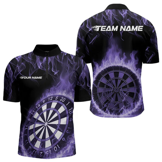 Custom Black And Purple Fire Flame Dartboard Dart Quarter-Zip Shirts For Men, Dart Tournament Shirt IPHW8495