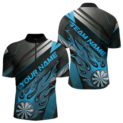Custom Black And Blue Flame Dartboard Dart Team Quarter-Zip Shirts For Men, Fire Dart Jerseys IPHW8506