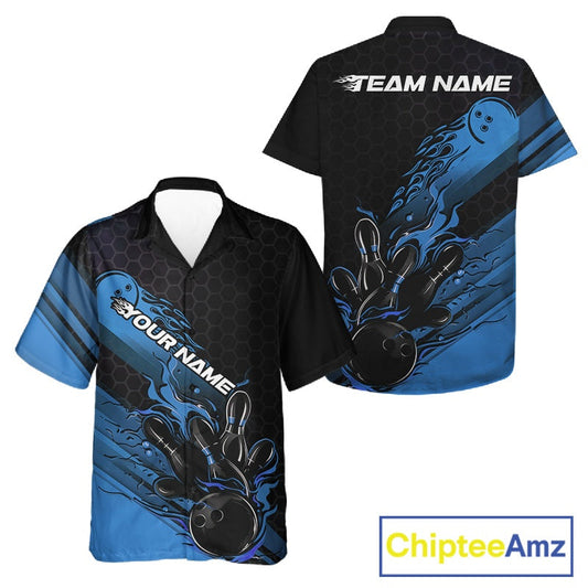 Custom Black And Blue Flame Bowling Team Shirts, Bowling League Shirt Men And Women Bowling Jersey IPHW10575
