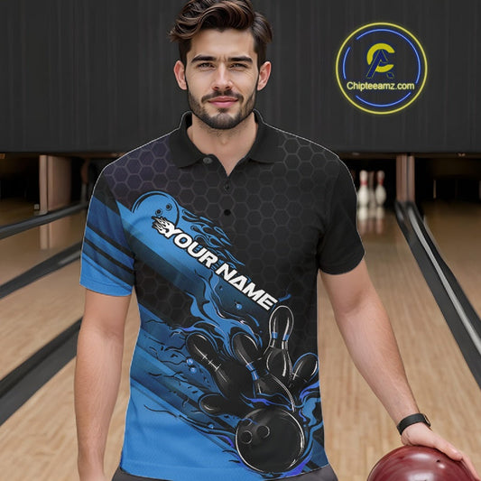 Custom Black And Blue Flame Bowling Team Shirts, Bowling League Shirt Men Bowling Jersey IPHW10575