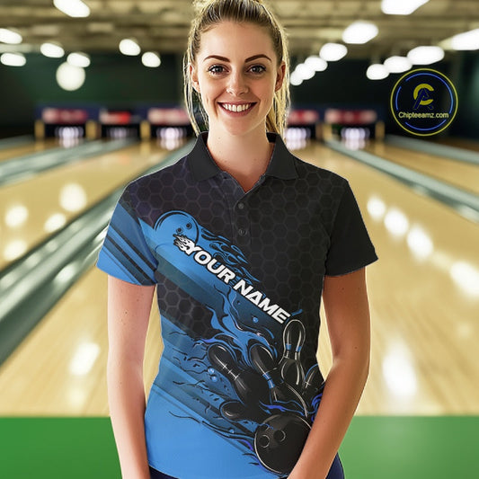 Custom Black And Blue Flame Bowling Team Shirts, Bowling League Shirt Women Bowling Jersey IPHW10575