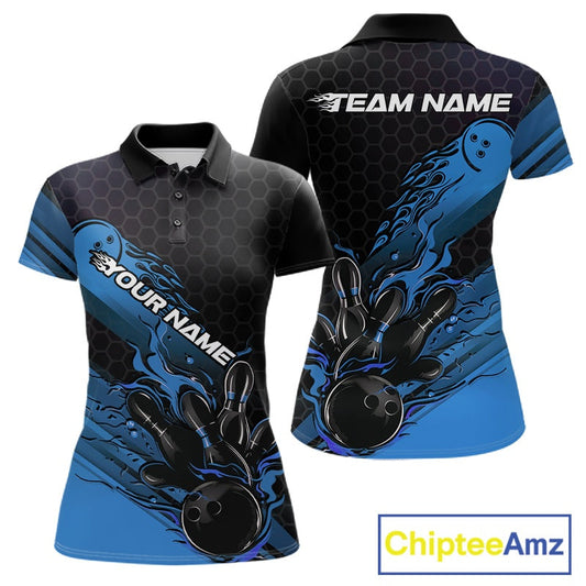 Custom Black And Blue Flame Bowling Team Shirts, Bowling League Shirt Women Bowling Jersey IPHW10575