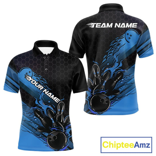 Custom Black And Blue Flame Bowling Team Shirts, Bowling League Shirt Men Bowling Jersey IPHW10575