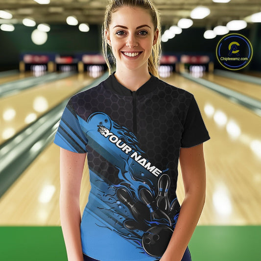 Custom Black And Blue Flame Bowling Team Shirts, Bowling League Shirt Women Jersey IPHW10575