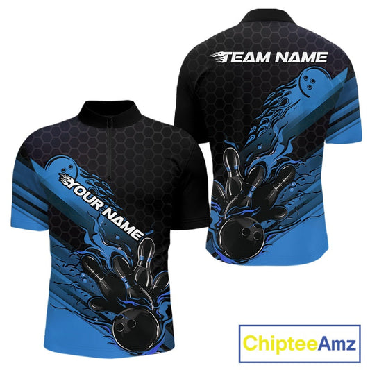 Custom Black And Blue Flame Bowling Team Shirts, Bowling League Shirt Men Bowling Jersey IPHW10575