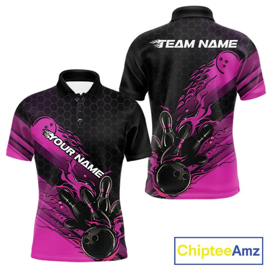 Custom Black And Pink Flame Bowling Team Shirts, Bowling League Shirt Men Bowling Jersey IPHW10576