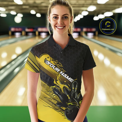 Custom Black And Yellow Flame Bowling Team Shirts, Bowling League Shirt Women Bowling Jersey IPHW10577