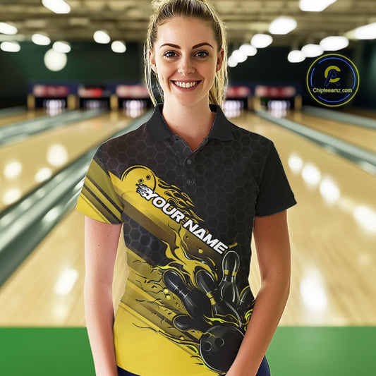 Custom Black And Yellow Flame Bowling Team Shirts, Bowling League Shirt Women Bowling Jersey IPHW10577