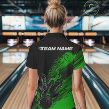 Load image into Gallery viewer, Custom Black And Green Flame Bowling Team Shirts, Bowling League Shirt Women Bowling Jersey IPHW10578