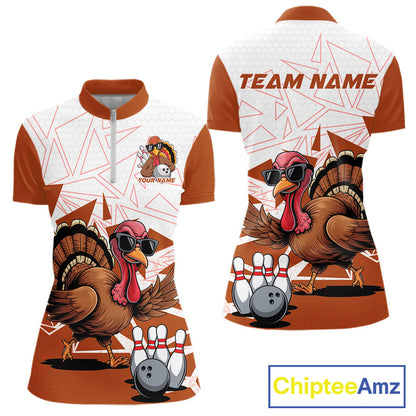 White And Orange Custom Funny Turkey Bowling Women Shirt, Bowling League Team Shirt IPHW10807