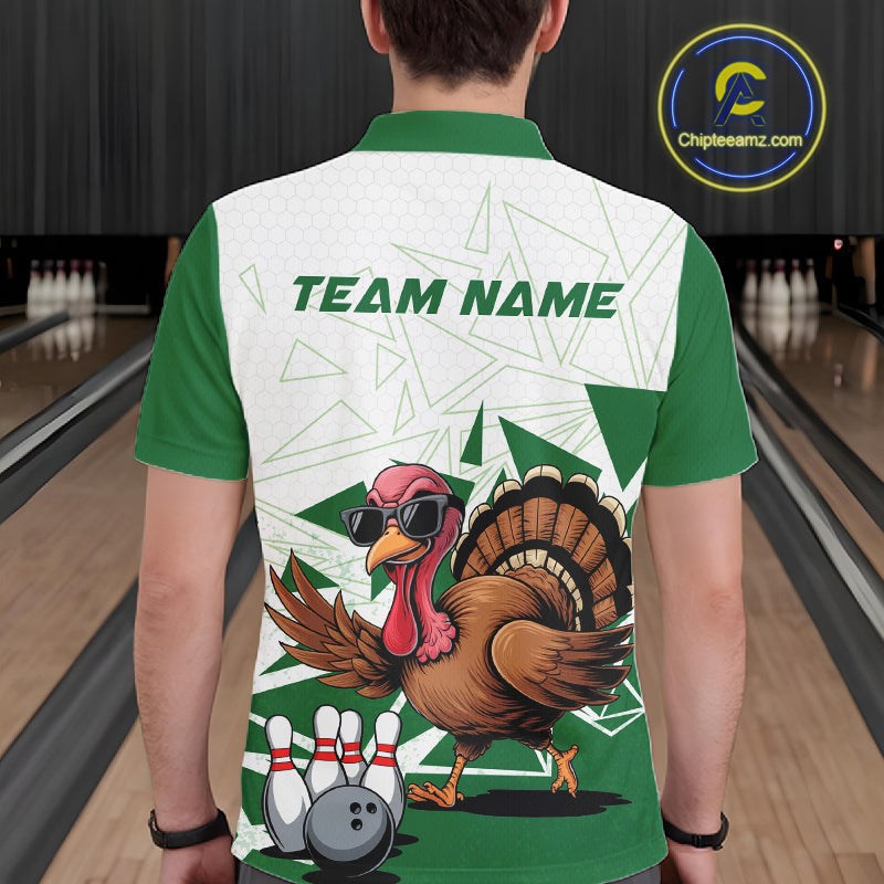 White And Green Custom Funny Turkey Bowling Men Shirt, Bowling League Team Shirt IPHW10808