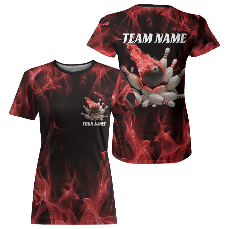 Custom Black And Red Fire Flame Bowling T-Shirts For Women, Fiery Bowling Jerseys IPHW6701