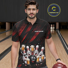 Load image into Gallery viewer, Front view of a male model wearing a black and red bowling polo shirt featuring funny cartoon bowling balls and pins raising frothy beer mugs with confetti and bold diagonal stripe graphics in a bowling lane.