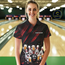 Load image into Gallery viewer, Female model wearing a black and red bowling polo shirt featuring funny cartoon bowling balls and pins raising frothy beer mugs with confetti and bold diagonal stripe accents, shown from the front in a bowling lane.