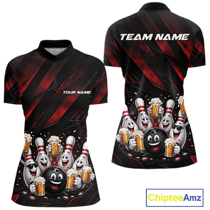 Front and back view of a women's bowling quarter zip mockup featuring funny cartoon bowling balls and pins raising frothy beer mugs with confetti and bold diagonal stripe artwork on a black and red shirt.