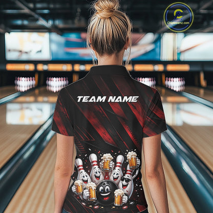 Back view of a female model wearing a black and red bowling quarter zip shirt featuring funny cartoon bowling balls and pins raising frothy beer mugs with confetti and bold diagonal stripes in a bowling lane.