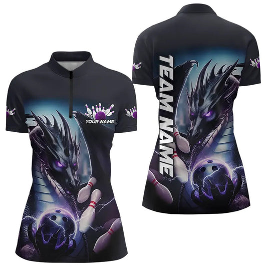 Blue And Purple Lightning Custom Dragon Bowling Quarter-Zip Shirts For Women, Team Uniform IPHW8257