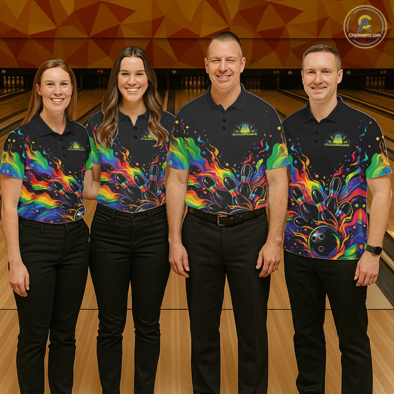 Custom Colorful Rainbow Colors Flame Bowling Men Polo Shirt, Bowling Tournament Shirt IPHW10307