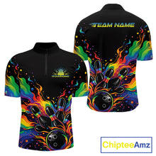 Load image into Gallery viewer, Custom Colorful Rainbow Colors Flame Bowling Men Quarter-Zip Shirt, Bowling Tournament Shirt IPHW10307