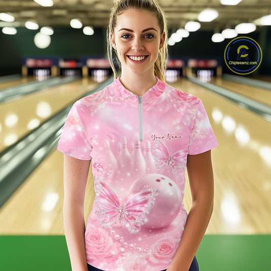 Custom Elegant Roses And Butterfly Women Bowling Quarter-Zip Shirt, Ladies Bowling Shirt IPHW10313