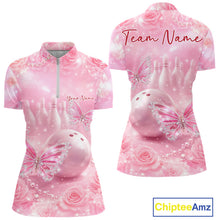 Load image into Gallery viewer, Custom Elegant Roses And Butterfly Women Bowling Quarter-Zip Shirt, Ladies Bowling Shirt IPHW10313