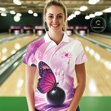 Load image into Gallery viewer, Custom Pink And Purple Butterfly Bowling Team Women Polo Shirt, Ladies Bowling Shirt IPHW10311