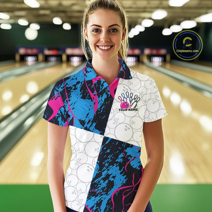Custom Blue And Pink Camo Bowling Team Shirts For Women, Camouflage Bowler Outfit IPHW10606