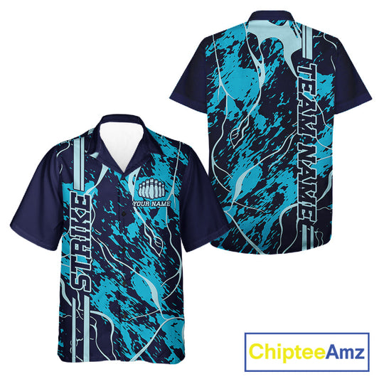 Custom Navy And Cyan Blue Camo Strike Bowling Shirt Men And Women Bowling Team Jersey Bowling League IPHW10612