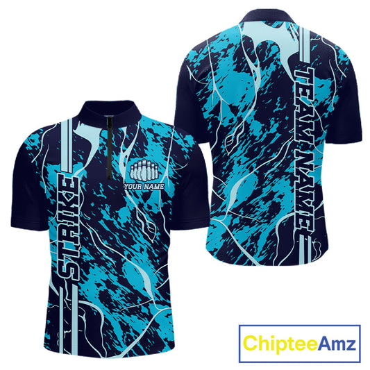 Custom Navy And Cyan Blue Camo Strike Bowling Shirt Men Bowling Team Jersey Bowling League IPHW10612