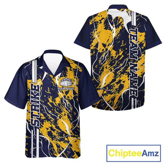Custom Navy Blue And Yellow Camo Strike Bowling Shirt, Men And Women Bowling League Team Jerseys IPHW10613