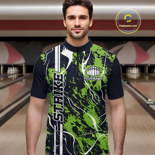 Custom Navy Blue And Green Camo Strike Bowling Shirt, Men Bowling League Team Jerseys IPHW10614