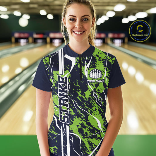 Custom Navy Blue And Green Camo Strike Bowling Shirt, Women Bowling League Team Jerseys IPHW10614