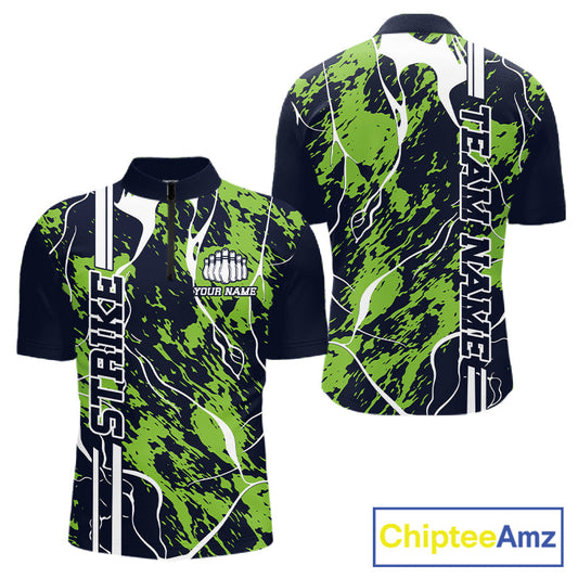 Custom Navy Blue And Green Camo Strike Bowling Shirt, Men Bowling League Team Jerseys IPHW10614