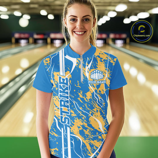 Custom Azure Blue And Yellow Camo Strike Bowling Shirt, Women Bowling League Team Jersey IPHW10615