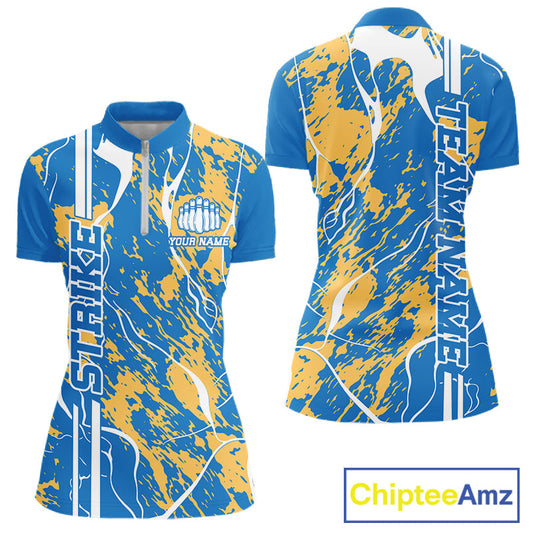 Custom Azure Blue And Yellow Camo Strike Bowling Shirt, Women Bowling League Team Jersey IPHW10615