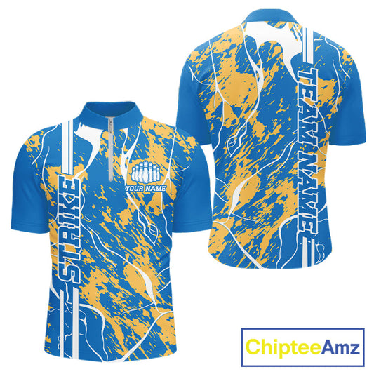 Custom Azure Blue And Yellow Camo Strike Bowling Shirt, Men Bowling League Team Jerseys IPHW10615