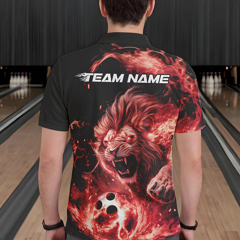 Custom Red Flame Lion Bowling Team Men Polo Shirts, Lion Bowling League Shirt IPHW8977