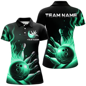 Personalized Green Flame Bowling Polo Shirts For Men Bowling Team Jerseys Strike Bowling IPHW7289